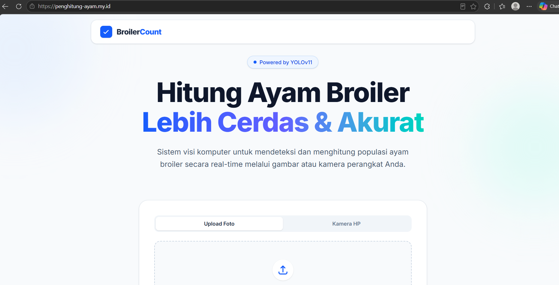 Antarmuka BroilerCount dengan unggah foto dan kamera