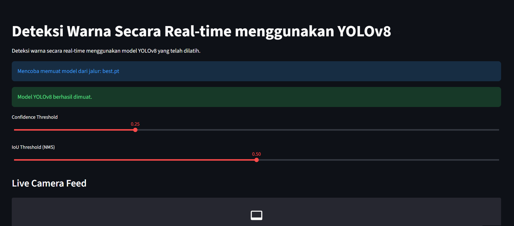 Antarmuka aplikasi deteksi warna real-time YOLOv8