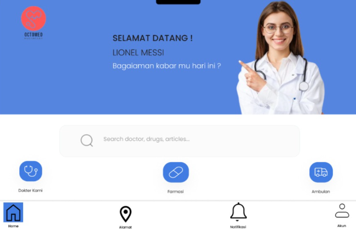Dasbor aplikasi Octomed untuk reservasi medis